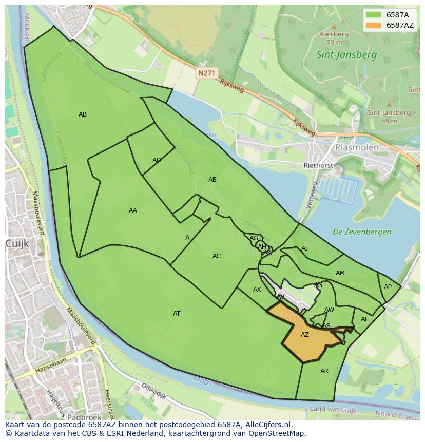 Afbeelding van het postcodegebied 6587 AZ op de kaart.