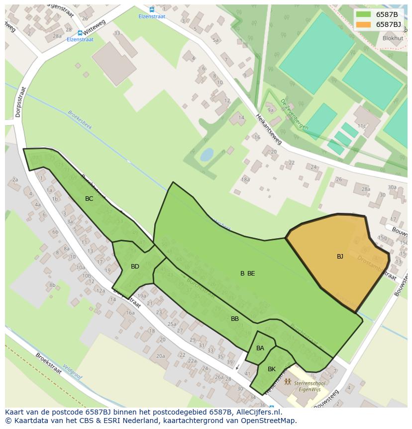 Afbeelding van het postcodegebied 6587 BJ op de kaart.