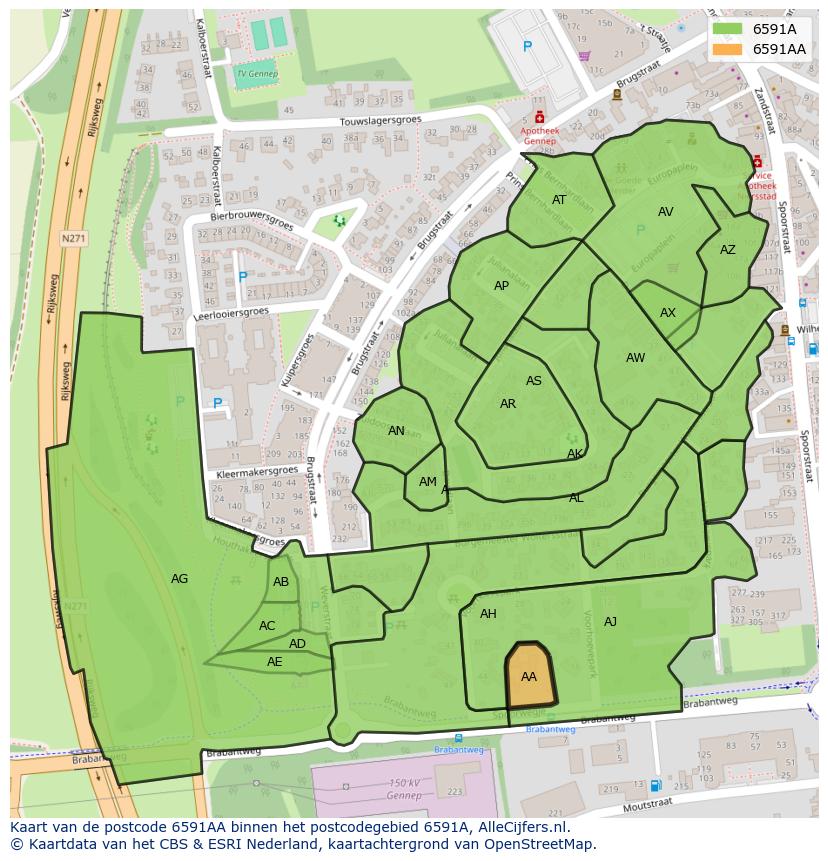 Afbeelding van het postcodegebied 6591 AA op de kaart.