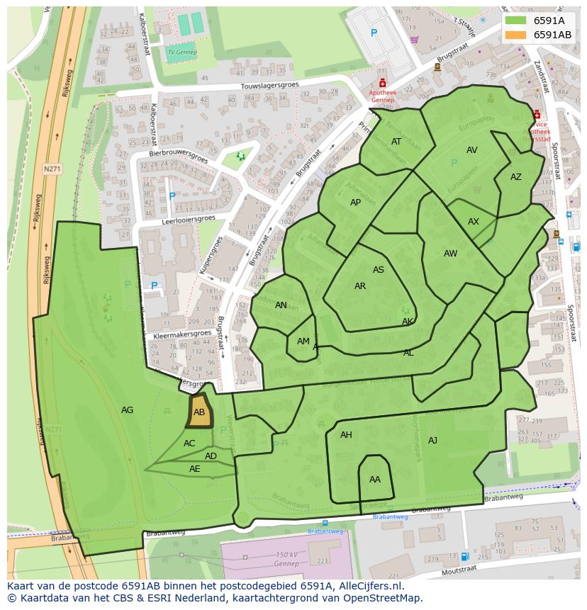 Afbeelding van het postcodegebied 6591 AB op de kaart.