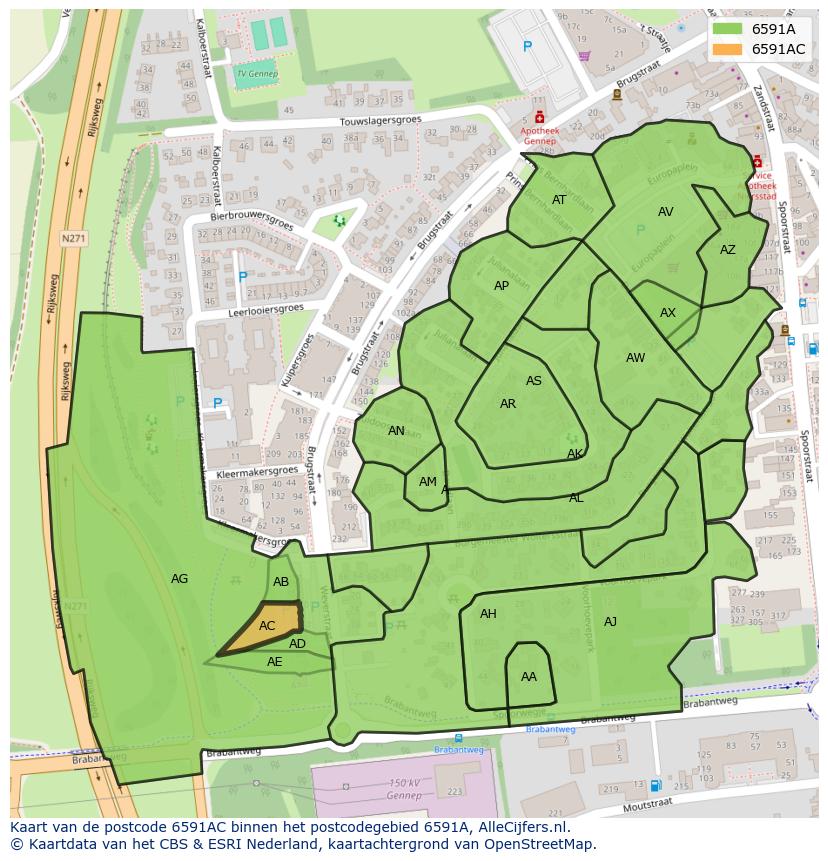 Afbeelding van het postcodegebied 6591 AC op de kaart.