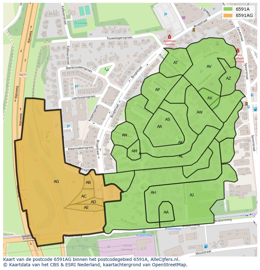 Afbeelding van het postcodegebied 6591 AG op de kaart.