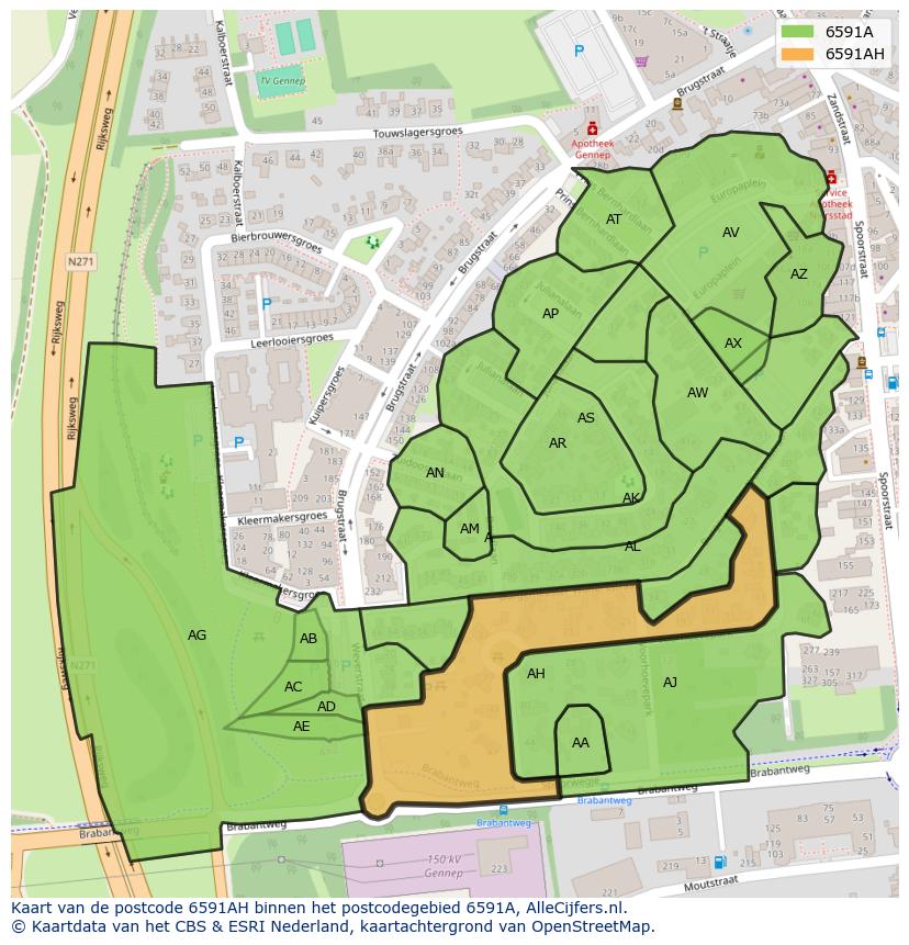 Afbeelding van het postcodegebied 6591 AH op de kaart.