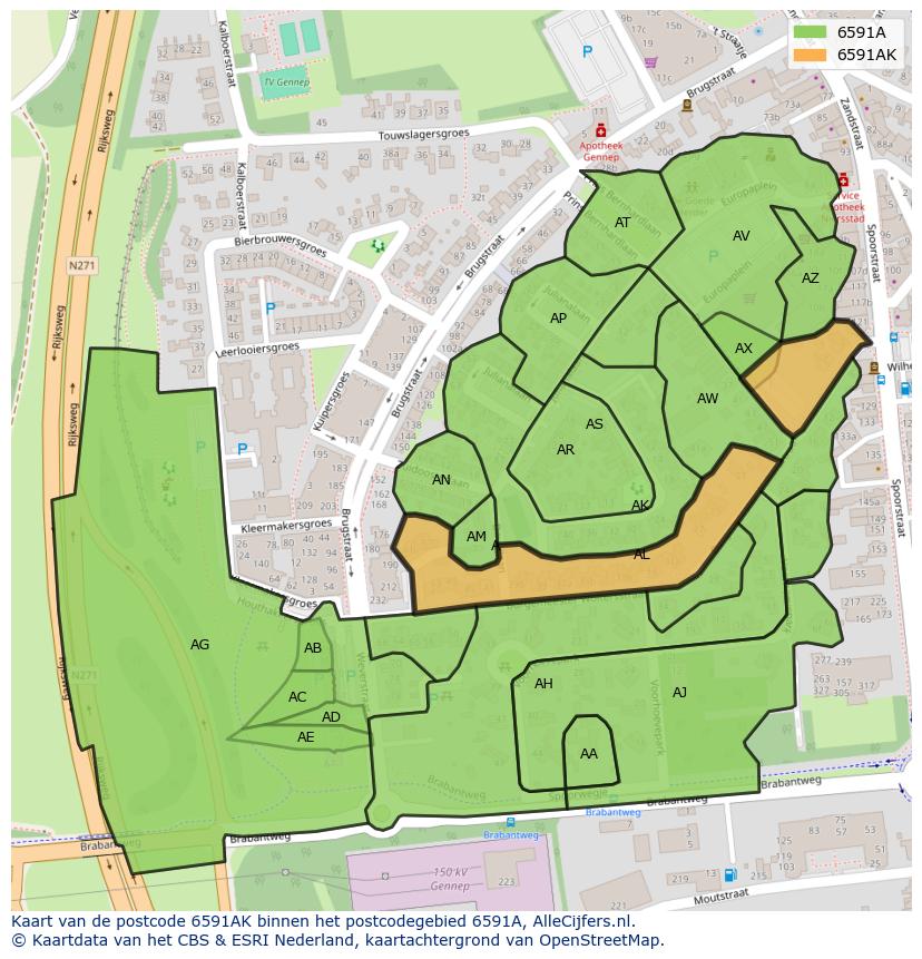 Afbeelding van het postcodegebied 6591 AK op de kaart.