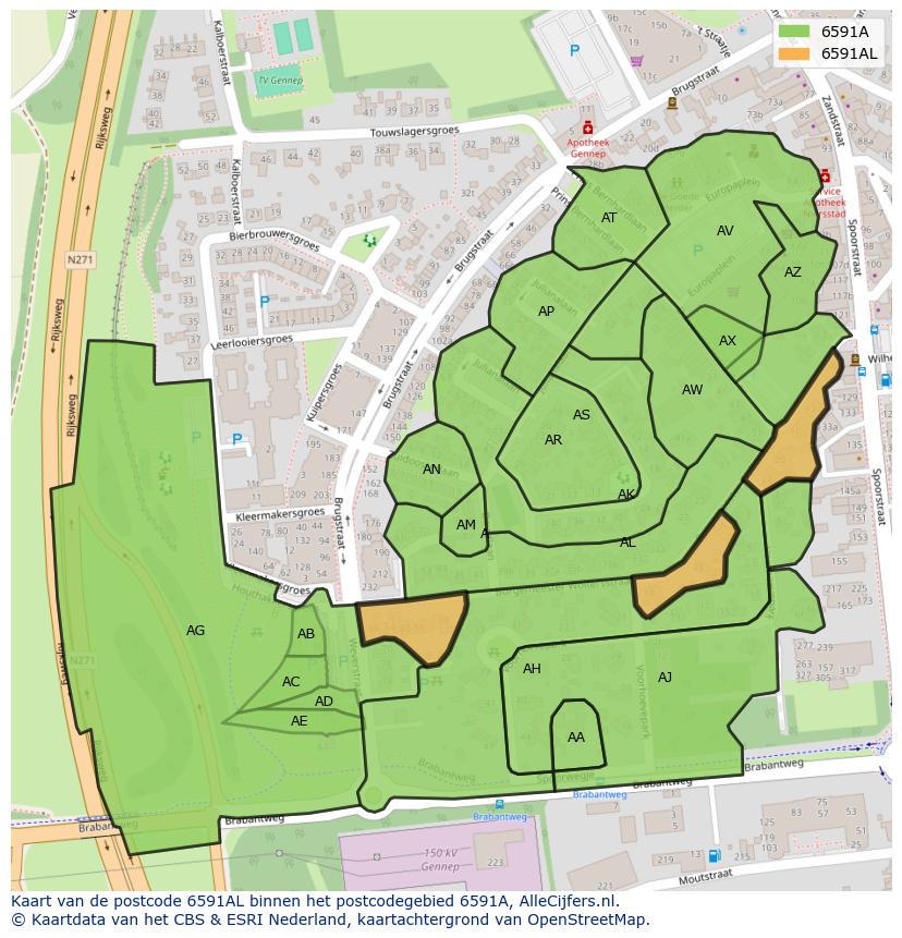 Afbeelding van het postcodegebied 6591 AL op de kaart.