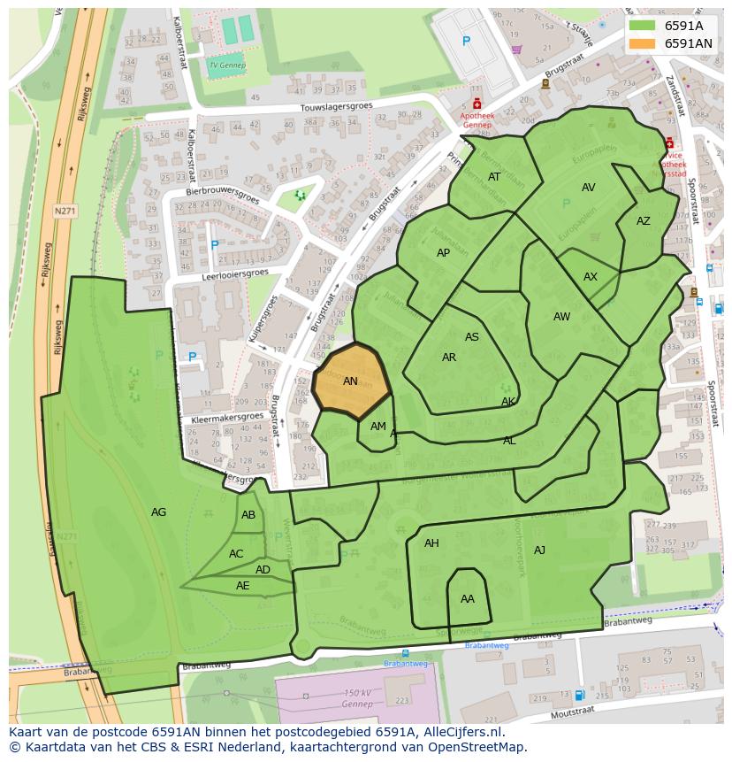 Afbeelding van het postcodegebied 6591 AN op de kaart.