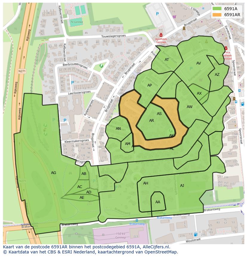 Afbeelding van het postcodegebied 6591 AR op de kaart.
