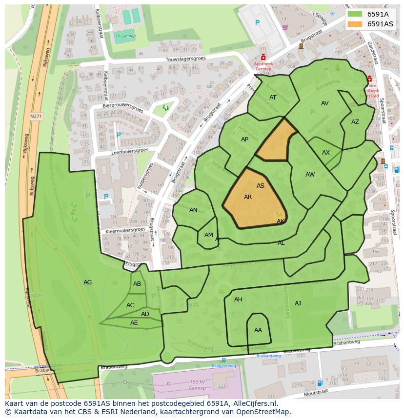Afbeelding van het postcodegebied 6591 AS op de kaart.