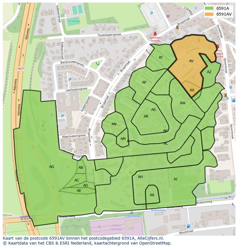 Afbeelding van het postcodegebied 6591 AV op de kaart.