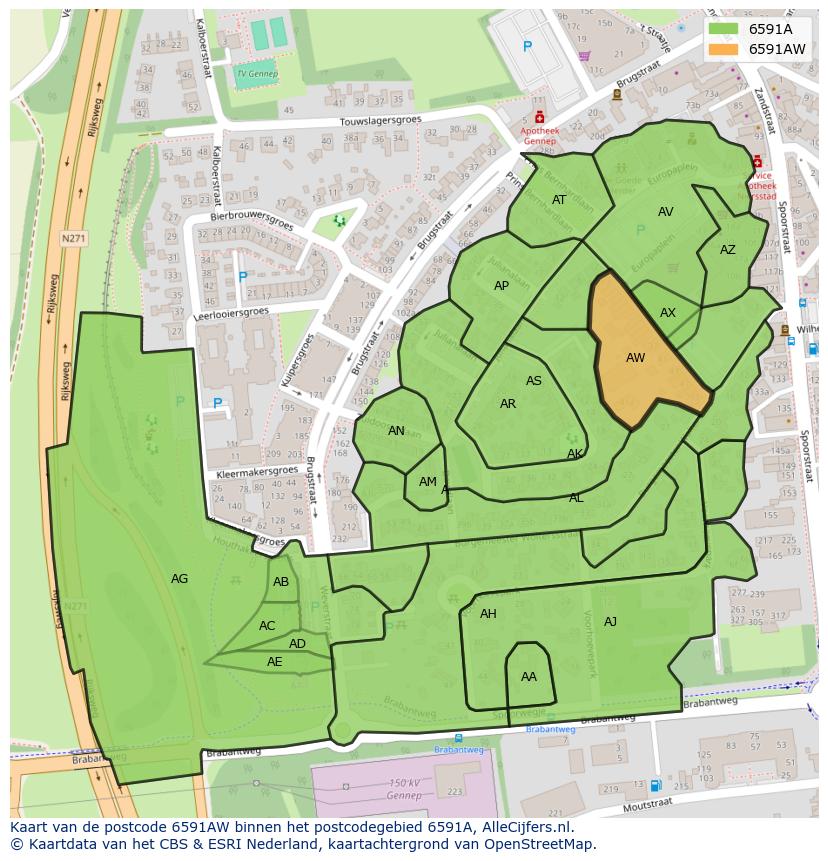 Afbeelding van het postcodegebied 6591 AW op de kaart.
