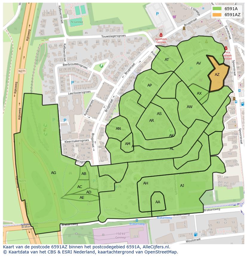 Afbeelding van het postcodegebied 6591 AZ op de kaart.