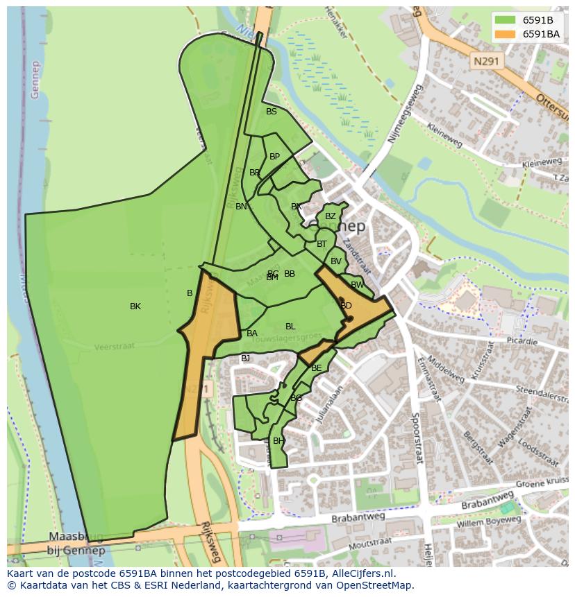 Afbeelding van het postcodegebied 6591 BA op de kaart.