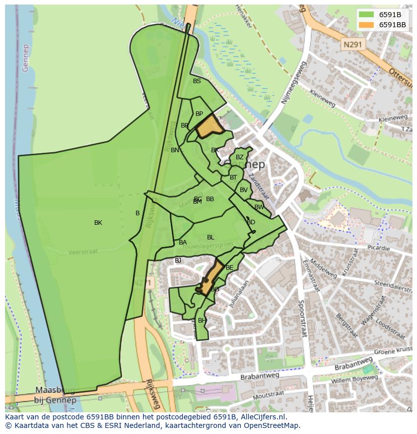 Afbeelding van het postcodegebied 6591 BB op de kaart.