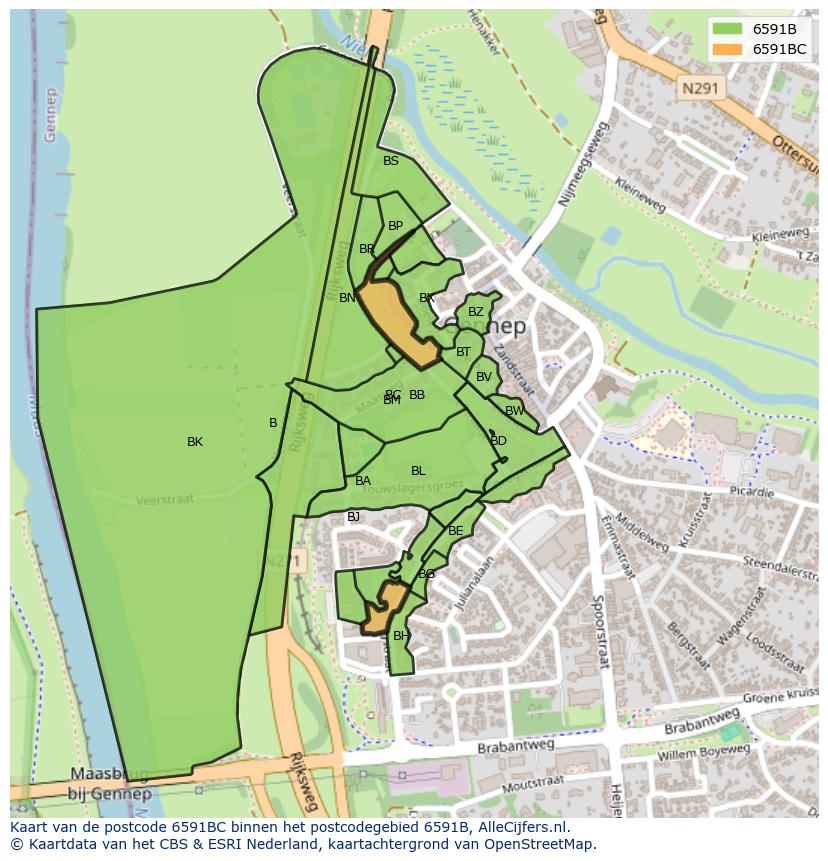 Afbeelding van het postcodegebied 6591 BC op de kaart.