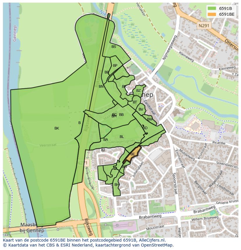 Afbeelding van het postcodegebied 6591 BE op de kaart.