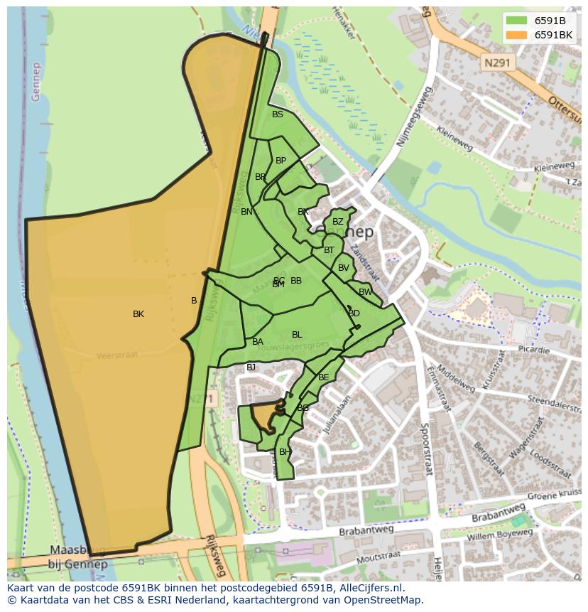 Afbeelding van het postcodegebied 6591 BK op de kaart.