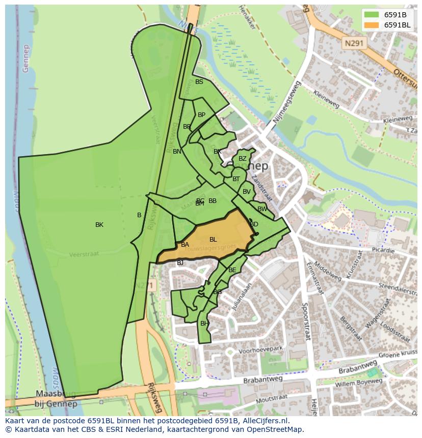 Afbeelding van het postcodegebied 6591 BL op de kaart.