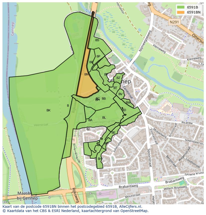 Afbeelding van het postcodegebied 6591 BN op de kaart.