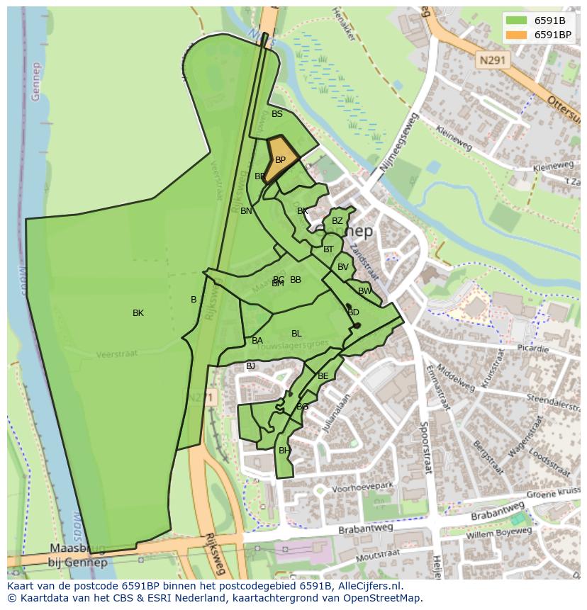 Afbeelding van het postcodegebied 6591 BP op de kaart.