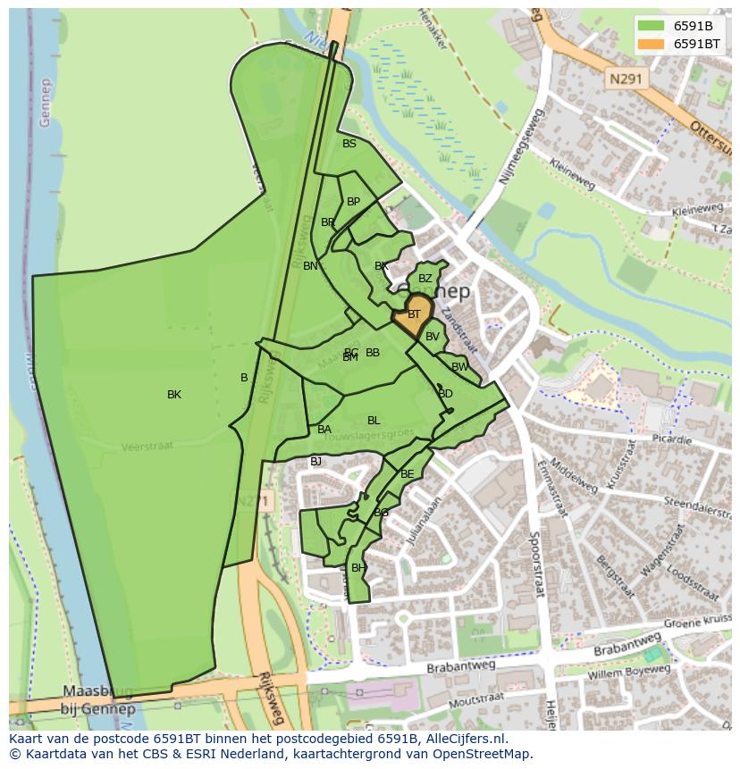 Afbeelding van het postcodegebied 6591 BT op de kaart.