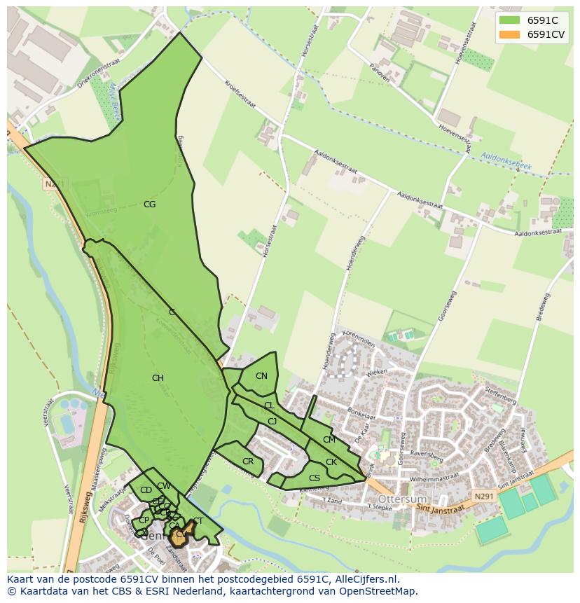 Afbeelding van het postcodegebied 6591 CV op de kaart.