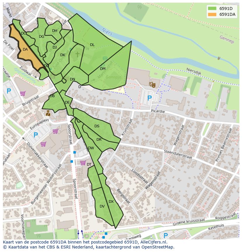 Afbeelding van het postcodegebied 6591 DA op de kaart.