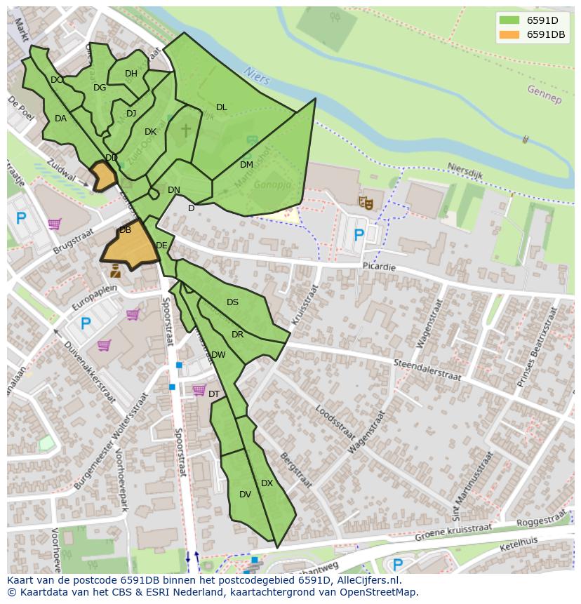Afbeelding van het postcodegebied 6591 DB op de kaart.