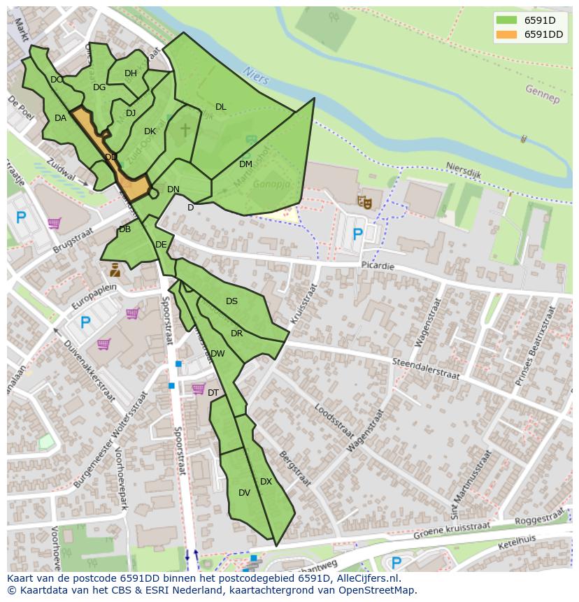 Afbeelding van het postcodegebied 6591 DD op de kaart.