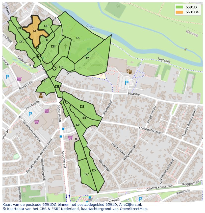 Afbeelding van het postcodegebied 6591 DG op de kaart.