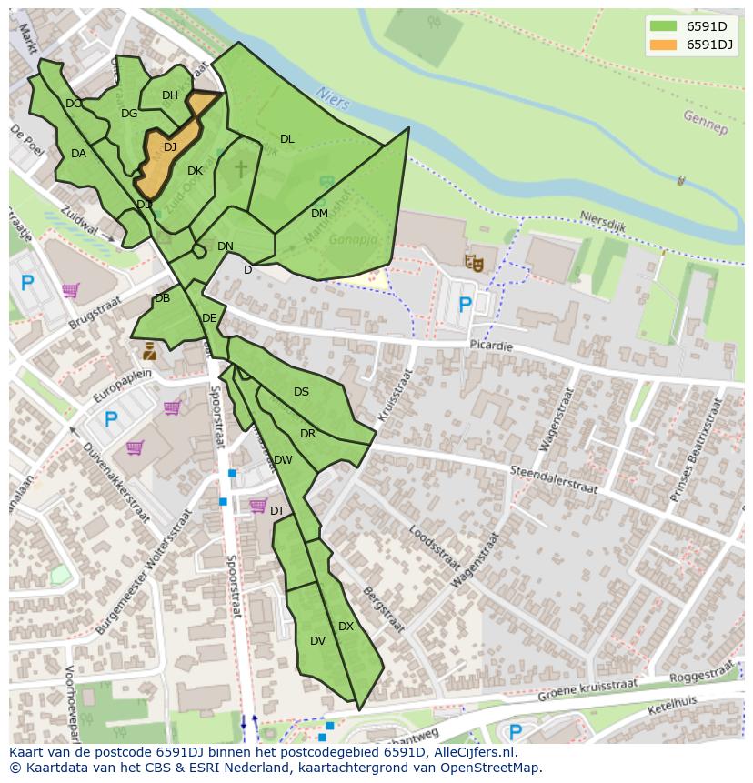 Afbeelding van het postcodegebied 6591 DJ op de kaart.