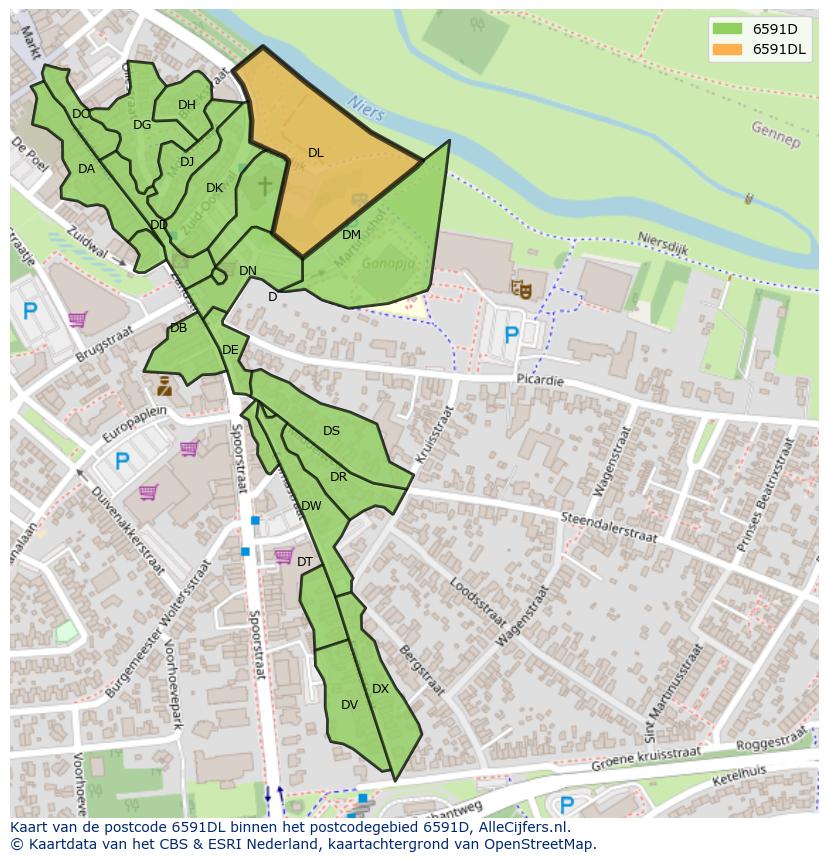 Afbeelding van het postcodegebied 6591 DL op de kaart.