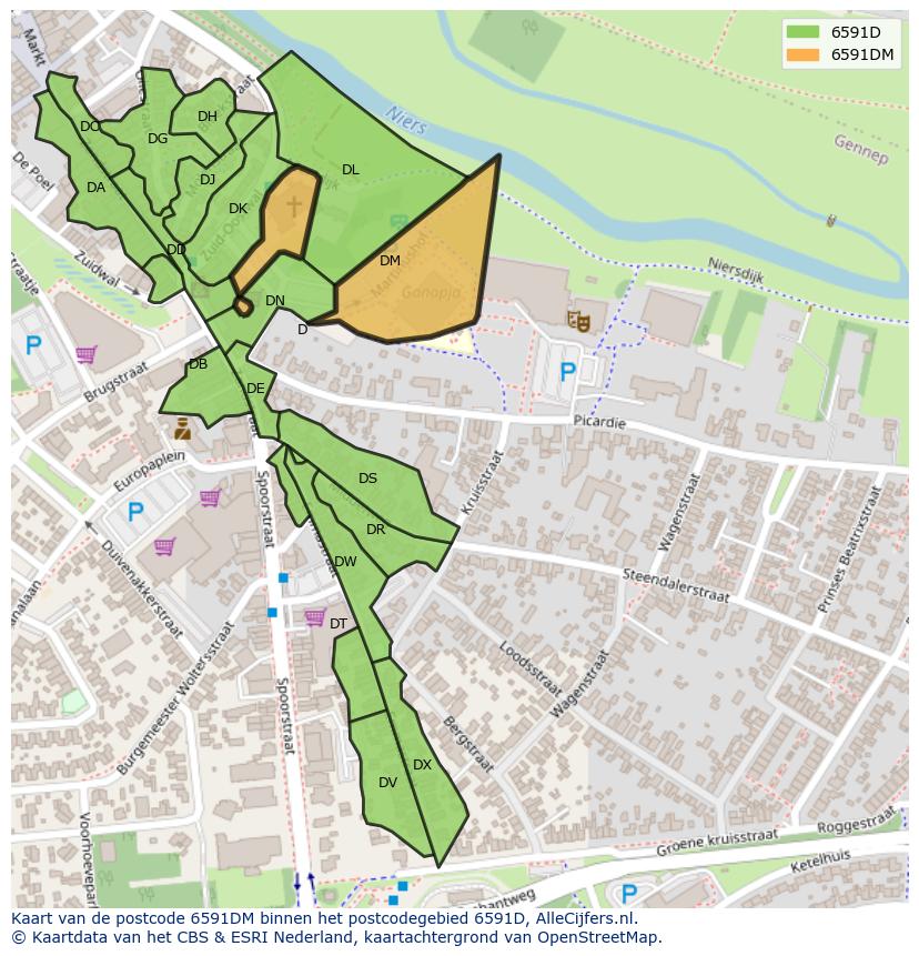 Afbeelding van het postcodegebied 6591 DM op de kaart.