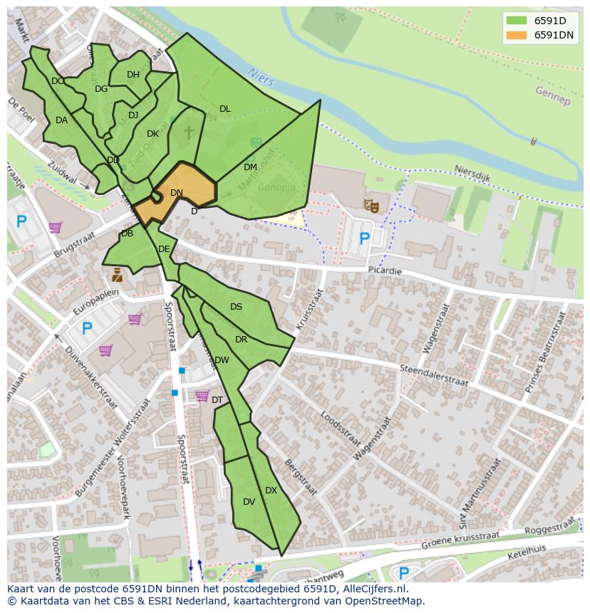 Afbeelding van het postcodegebied 6591 DN op de kaart.