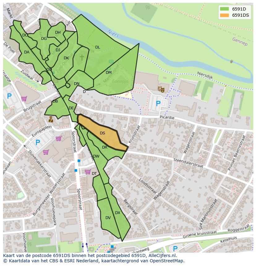 Afbeelding van het postcodegebied 6591 DS op de kaart.