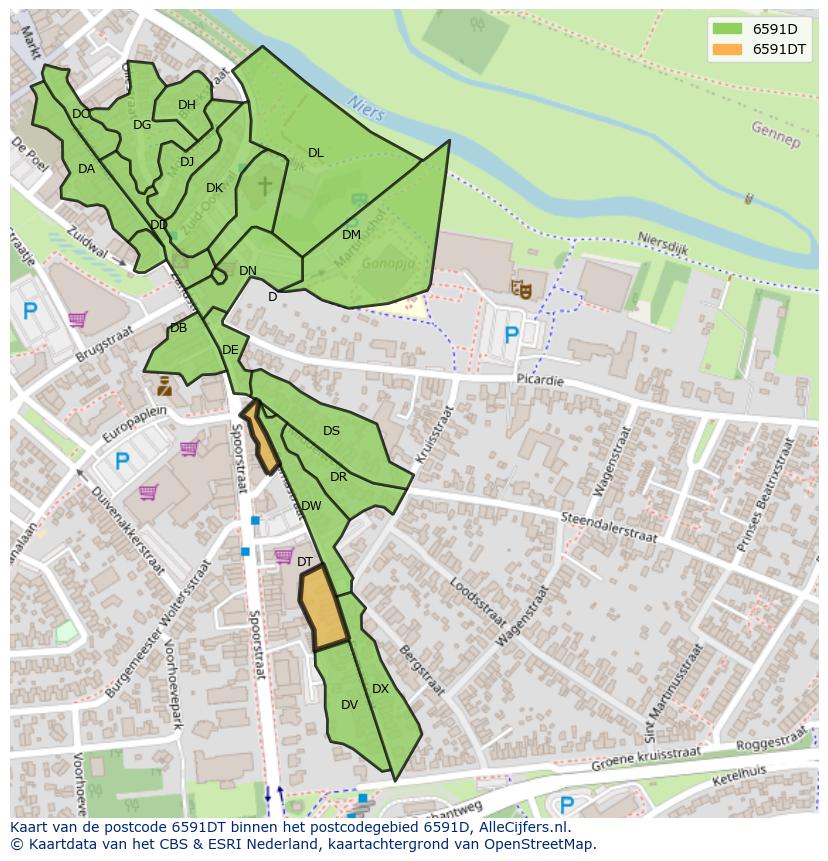 Afbeelding van het postcodegebied 6591 DT op de kaart.