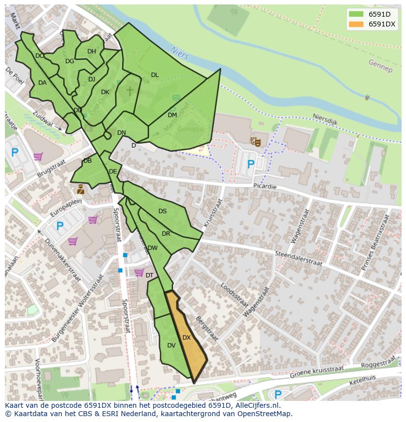 Afbeelding van het postcodegebied 6591 DX op de kaart.