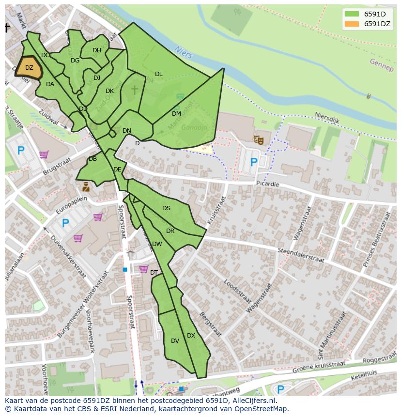 Afbeelding van het postcodegebied 6591 DZ op de kaart.