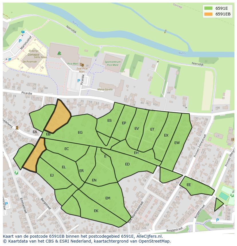 Afbeelding van het postcodegebied 6591 EB op de kaart.