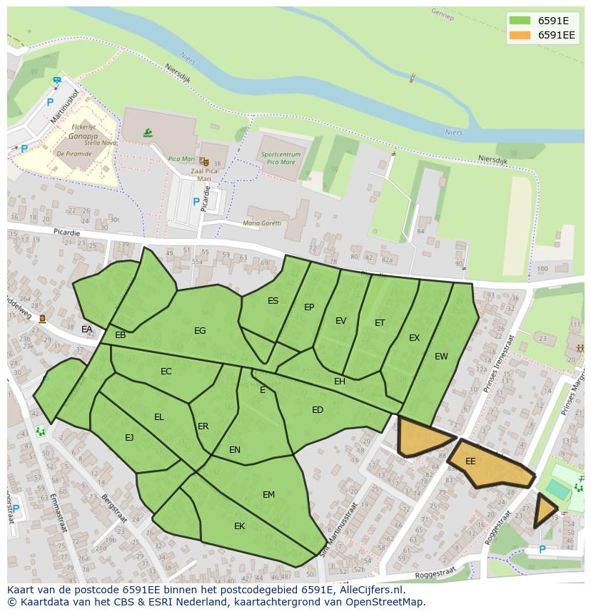 Afbeelding van het postcodegebied 6591 EE op de kaart.