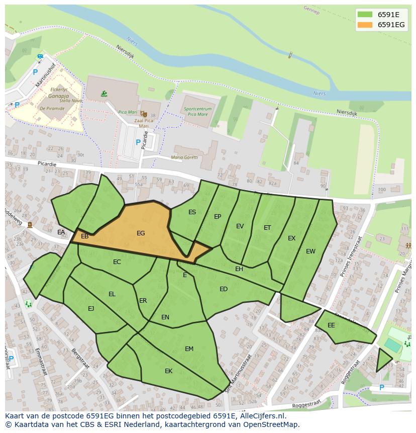 Afbeelding van het postcodegebied 6591 EG op de kaart.