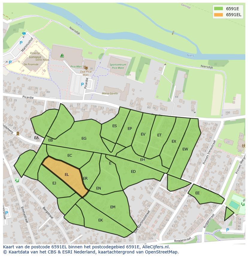 Afbeelding van het postcodegebied 6591 EL op de kaart.