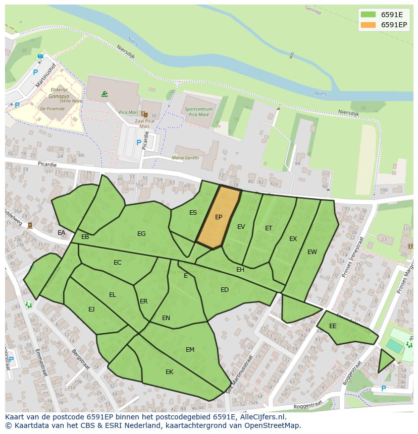 Afbeelding van het postcodegebied 6591 EP op de kaart.