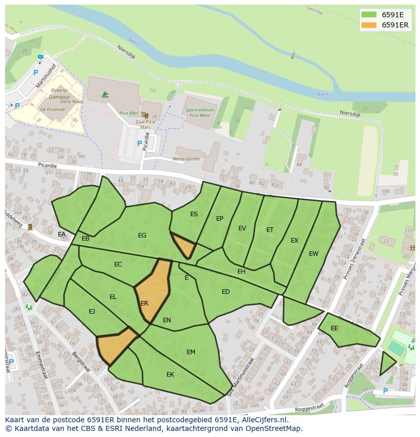 Afbeelding van het postcodegebied 6591 ER op de kaart.
