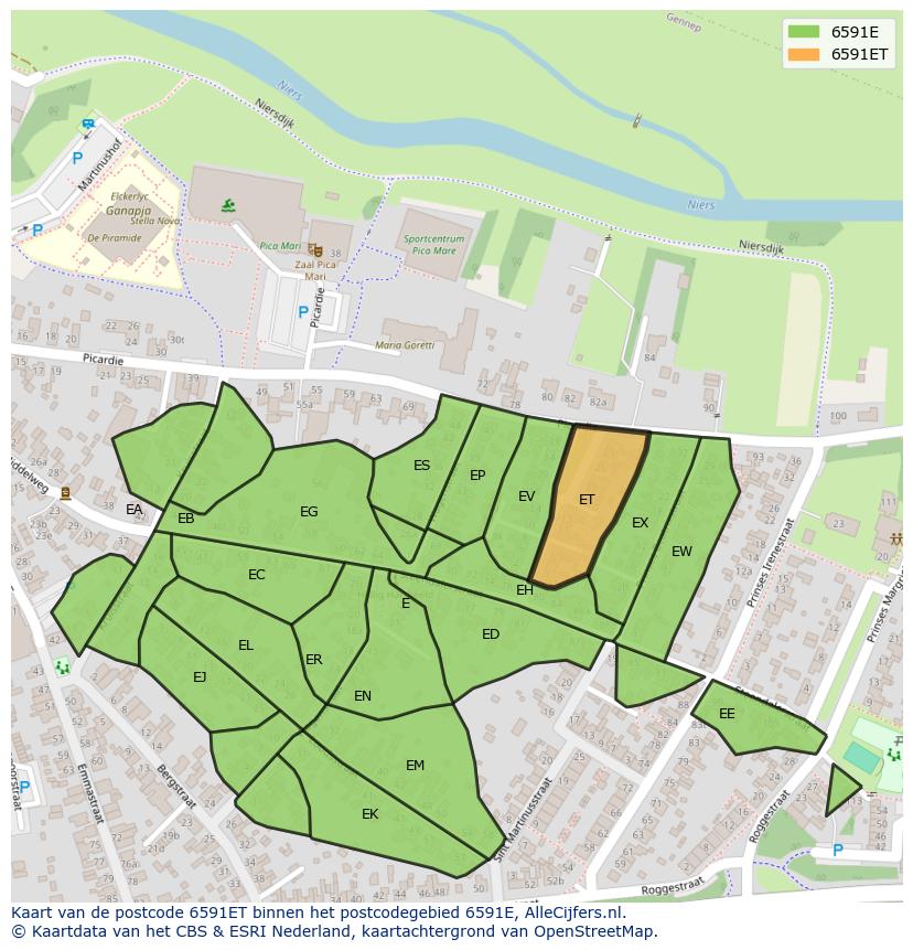 Afbeelding van het postcodegebied 6591 ET op de kaart.