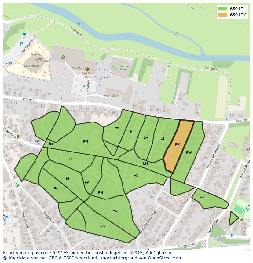 Afbeelding van het postcodegebied 6591 EX op de kaart.