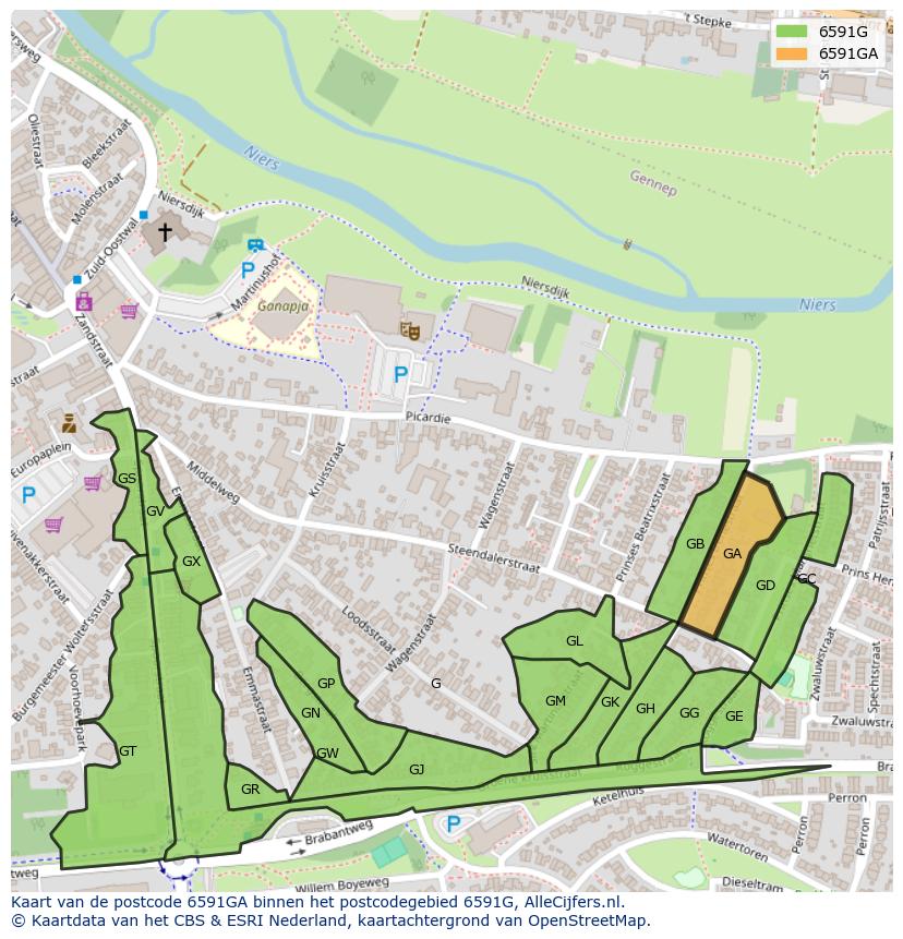 Afbeelding van het postcodegebied 6591 GA op de kaart.
