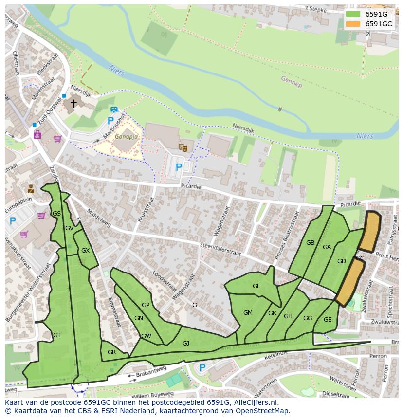 Afbeelding van het postcodegebied 6591 GC op de kaart.