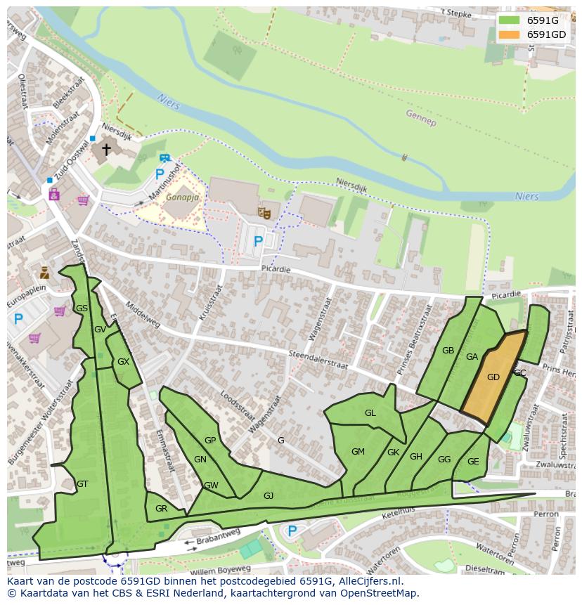 Afbeelding van het postcodegebied 6591 GD op de kaart.