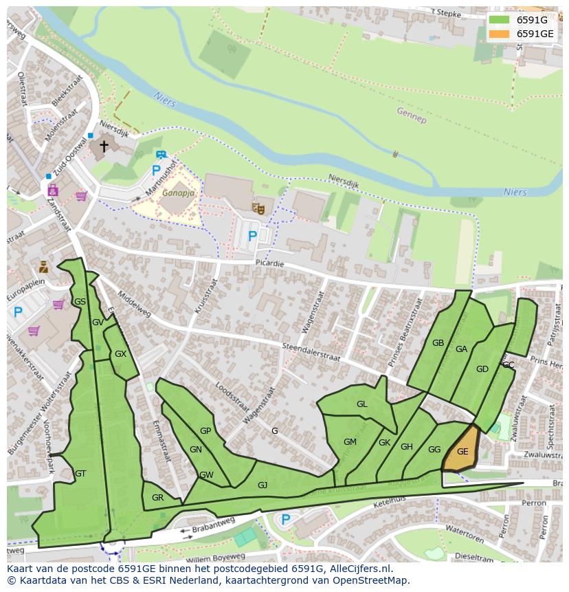 Afbeelding van het postcodegebied 6591 GE op de kaart.
