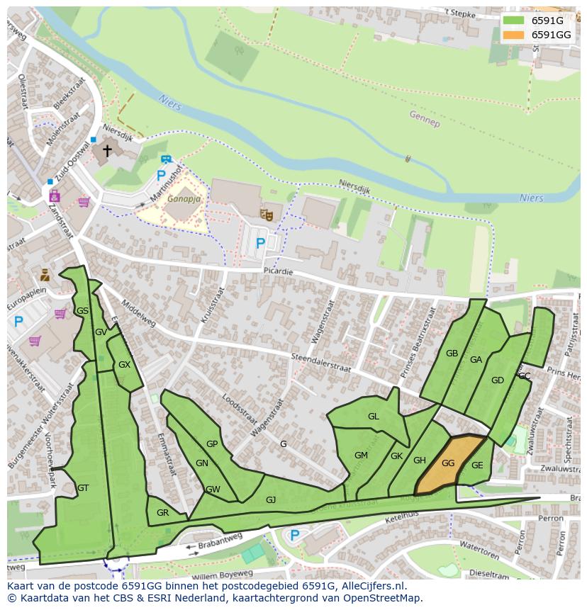 Afbeelding van het postcodegebied 6591 GG op de kaart.